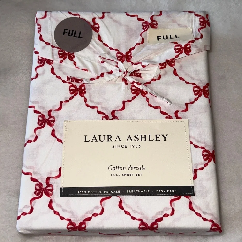 Laura Ashley Christmas Holiday Red Bow Ribbons Sheet Set - Full
